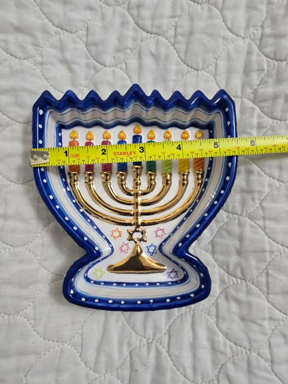 Menorah Shaped Candy Bowl Susan Fischer Weis Design Rainbow Design Ceramic Dish.